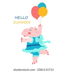 Hello summer, summer greeting card with a funny cartoon character on an isolated white background.