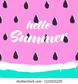 Hello Summer greeting card with hand drawn Watermelon. Colorful Ink background for Summer greeting banner. Vector illustration.
