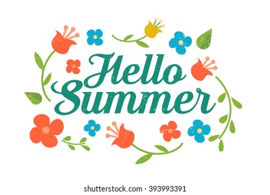Hello summer greeting card. Hand drawn flower wreath and hand drawn lettering.