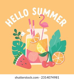 Hello Summer greeting card, invitation with lemonade drink in mason jar. Watermelon, oranges, cherry and lemon with tropical palm leaves and flowers. Vector illustration, web banner