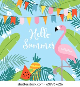 Hello Summer greeting card, invitation, invitations with hand drawn palm leaves, flowers, flamingo bird and party flags. Tropical jungle design. Vector illustration background.