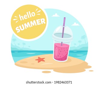 Hello summer greeting card. Ocean beach with fruit smoothie. Seascape. Vector illustration