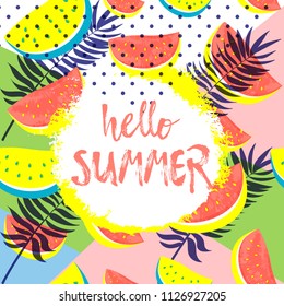 HELLO SUMMER greeting card on Watermelon pattern with Palm leaves. Hand drawn Hello Summer lettering on abstract floral geometric background. Cute print for t-shirt, congratulation message. Vector