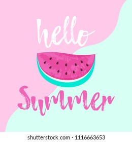 Hello Summer greeting card with pink Watermelon. Hand drawn Hello Summer lettering on colorful background. Vector illustration