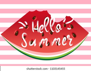 Hello summer greeting card, poster, print. Vector typographical background with watermelon slice abstract paint texture.