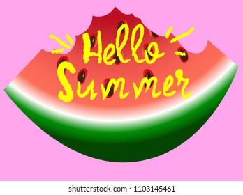 Hello summer greeting card, poster, print. Vector typographical background with watermelon slice abstract paint texture.