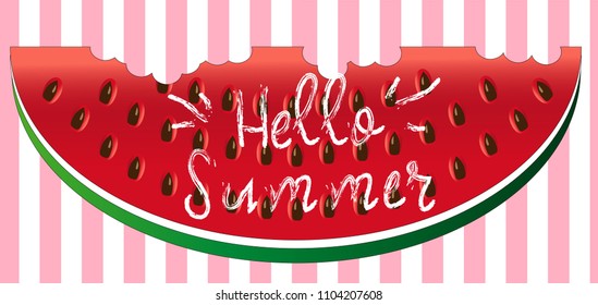 Hello summer greeting card, poster, print. Vector typographical background with watermelon slice abstract paint texture.
