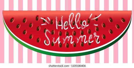 Hello summer greeting card, poster, print. Vector typographical background with watermelon slice abstract paint texture.