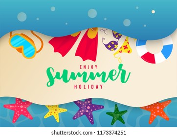 Hello summer greeting card, poster and banner design. Discount big sale offer for shopping lover. Summer is time to holiday and travel for traveler. Vector illustration