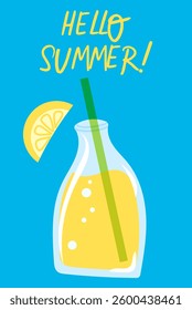 Hello Summer Greeting Card, poster. Lemon and lemonade bottle. Bright colors, vector flat illustrations