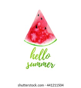 Hello summer greeting card, poster, print. Vector  typographical background with Hand drawn watercolor watermelon slice abstract paint texture. 