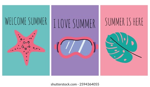 Hello Summer greeting card set in hand drawn style. Cute doodle poster with starfish, swimming mask and tropical leaf. Welcome summer invitation card in flat style.