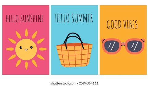 Hello Summer greeting card set in hand drawn style. Cute doodle poster with sun, beach bag and sunglasses. Welcome summer invitation card in flat style.