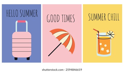 Hello Summer greeting card set in hand drawn style. Cute doodle poster with a beach umbrella, a suitcase and a cocktail. Welcome summer invitation card in flat style.