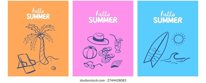 Hello Summer greeting card set with doodle vacation elements in line style. Hand drawn surf board, beach accessories, palm tree. Suitable for branding, packaging, posters and seasonal design.