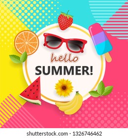 hello summer greeting card with sunglasses ice cream and tropical fruit decoration