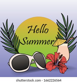 Hello summer greeting card, tropical items background