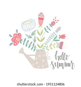 Hello Summer Greeting Card. Vector composition with flowers in watering can