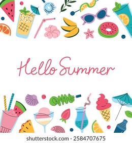 Hello summer greeting card with vector illustrations, flat cartoon doodle icons. Summer theme with drinks, cocktails, mocktails, fruits, sunglasses, and accessories. Bright cheerful design