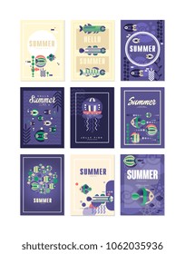 Hello, Summer greeting cards set, holidays, travel and fishing vector Illustrations, design element for banner or poster
