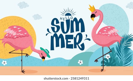 Hello summer greeting clip art background design. Summer text with cute pink flamingo standing and wearing crown, hat clip art elements in colorful abstract background vector illustration.