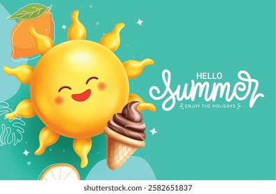 Hello summer greeting clip art design. Summer text with sun happy face character clip art in green abstract background for holiday season card template vector illustration.