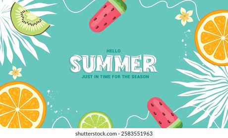 Hello summer greeting clipart background. Summer greeting text in green abstract clip art with kiwi, lemon, orange and popsicle tropical elements vector illustration. 