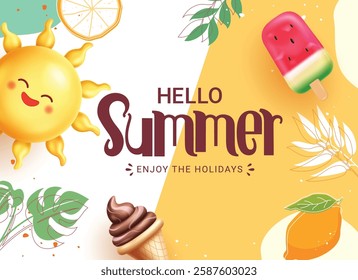 Hello summer greeting clipart background design. Summer text in white and yellow abstract background clip art with happy sun, popsicle, pear, ice cream and leaves outline elements for holidays 