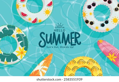 Hello summer greeting clipart design. Summer swimming pool clip art with floating colorful floaters and surfboard elements in blue water background vector illustration. 