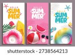 Hello Summer greeting clipart poster set design. Hello Summer greeting text clip art with summer elements in white and pink background for tropical season postcard template collection vector illustration.
