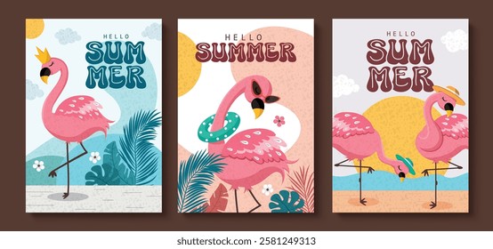 Hello summer greeting clipart poster set. Summer text with cute pink flamingo clip art collection in colorful abstract background vector illustration.