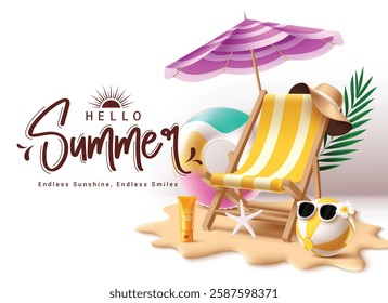 Hello summer greeting clipart poster design. Summer text clip art in island white background with beach umbrella, chair, inflatable ring, hat and ball elements for tropical season vector illustration.