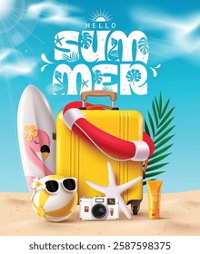 Hello summer greeting clipart poster design. Summer text with luggage bag, surfboard, lifebuoy ring, palm leaves and beach ball clip art elements in tropical vacation holiday blue sky background 