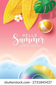 Hello Summer greeting clipart poster. Hello Summer greeting text in tropical beach pink background with surfboard and floater summer elements clip art seasonal postcard template vector illustration.
