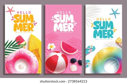 Hello Summer greeting clipart poster set design. Hello Summer greeting text clip art with summer elements in white and pink background for tropical season postcard template collection vector illustration.
