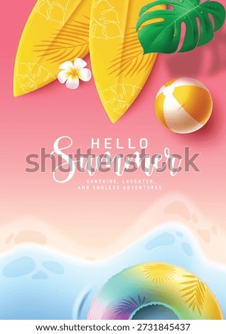 Hello Summer greeting clipart poster. Hello Summer greeting text in tropical beach pink background with surfboard and floater summer elements clip art seasonal postcard template vector illustration.