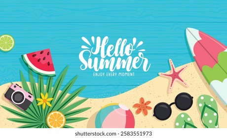 Hello summer greeting clipart template. Summer greeting text in beach seashore clip art background with tropical elements vector illustration.  