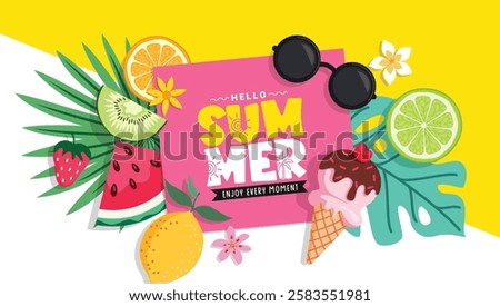 Hello summer greeting clipart template. Summer greeting text in pink board clip art with watermelon, lemon, orange and ice cream elements vector illustration. 
