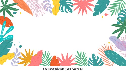 Hello Summer Greeting concept  tropical design, abstract illustration with jungle exotic leaves, colorful design, summer background and banner sale