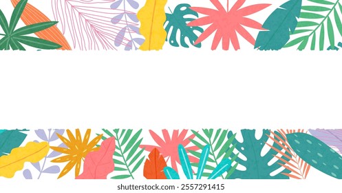 Hello Summer Greeting concept  tropical design, abstract illustration with jungle exotic leaves, colorful design, summer background with horizontal blank space for sales and promotions or website