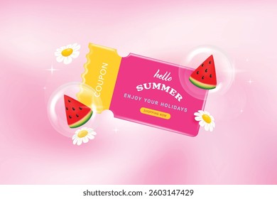 Hello summer greeting coupon banner design. Summer banner with flowers and watermelon 3d decoration.
