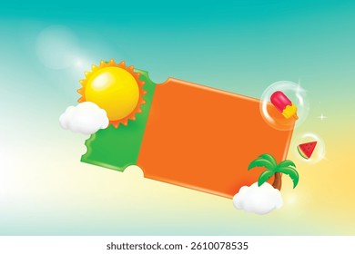 Hello summer greeting coupon label banner design. Summer banner with Sun, coconut tree, ice cream and watermelon 3d decoration.