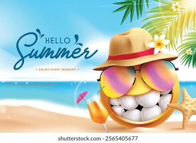 Hello summer greeting emoji clipart design. Summer text with emoji character wearing sunglasses and hat elements in beach background. Vector illustration sunny day emoticon clip art.
