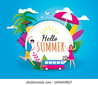 Hello Summer Greeting and Invitation Flat Tropical Card. Welcoming Lettering in Circle Surrounded by Travel Accessories, Bus and Happy People over SEA or Sky Backdrop. Vector Cartoon Illustration