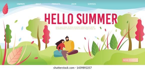 Hello Summer Greeting Landing Page. Couple in Love or Friends Having Rest on Nature. Flat Cartoon Woman and Man Sitting in Park and Hugging. Vector Illustration with Advertising Text Easy to Edit