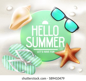 Hello Summer Greeting on Circle Tag Laying in The Sand with Sunglass and Star Fish Vector Illustration
