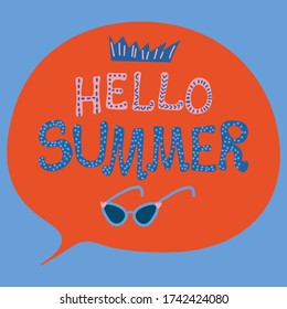 Hello summer greeting poster with lettering and sunglasses