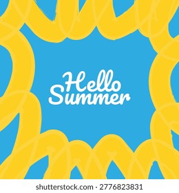 Hello Summer greeting set against a bright blue backdrop with a playful yellow sun-like frame, evoking warm weather, beach vibes, vacation fun, relaxation, and cheerful summer celebrations. sstkSummer
