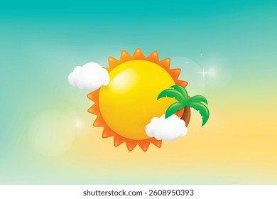 Hello summer greeting with Sun, clouds and coconut tree 3d decoration.