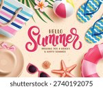 Hello Summer greeting text clipart template. Hello Summer greeting typography in sand beach background clip art with tote bag, hat, beachball, flipflop and sunglasses colorful elements for tropical season design vector illustration.

